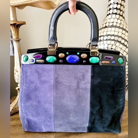 Tory Burch Attersee Women Luxe Suede Frame Satchel Bag Jewel /Black Large - Picture 16 of 16